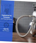 Badass Heavy Duty SS Braided Metal Air Hose Industrial Compressor Heat Resistant To 750 Degrees Fahrenheit High Pressure Endurance 450 Psi Flexible Install Adapting Tight Spaces Perfect For Pneumatic Tools Built Tough Go Hard Without Failures Ever. SS braided hose on compressor, 450 PSI, 750°F heat resistance