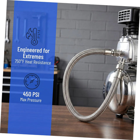 Badass Heavy Duty SS Braided Metal Air Hose Industrial Compressor Heat Resistant To 750 Degrees Fahrenheit High Pressure Endurance 450 Psi Flexible Install Adapting Tight Spaces Perfect For Pneumatic Tools Built Tough Go Hard Without Failures Ever. SS braided hose on compressor, 450 PSI, 750°F heat resistance