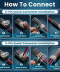 60 Pcs Quick Disconnect Wire Connectors Kit With 50 Two Pin And 10 Three Pin Plug In Connectors And Locking Buckle For LED Strip Lights Auto And Marine Projects Includes Transparent Storage Box instruction chart for 2-pin and 3-pin wiring