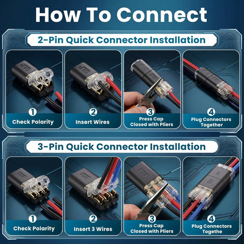 60 Pcs Quick Disconnect Wire Connectors Kit With 50 Two Pin And 10 Three Pin Plug In Connectors And Locking Buckle For LED Strip Lights Auto And Marine Projects Includes Transparent Storage Box instruction chart for 2-pin and 3-pin wiring