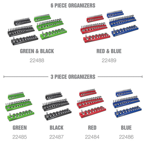 Six Pack Magnetic Socket Organizer Set For 1/4, 3/8, And 1/2 Inch Drive Sockets, SAE And Metric Compatible, Red And Blue Tray Storage