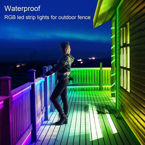 Person on deck with 100Ft Outdoor LED Strip Lights Waterproof IP68 With Bluetooth App Remote Control And Music Sync RGB Exterior Rope Lights