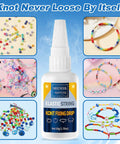 Bracelet Glue For Elastic String Knots And Bead Charms, bottle and examples of beadwork and elastic strings with charms.