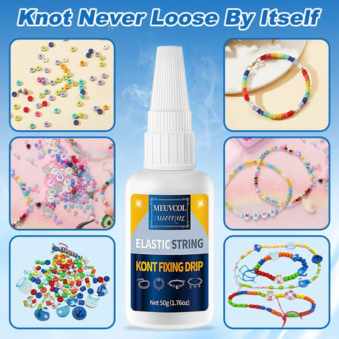 Bracelet Glue For Elastic String Knots And Bead Charms, bottle and examples of beadwork and elastic strings with charms.