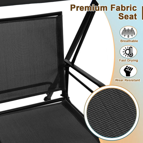 Close-up of Two Person Porch Swing With Adjustable Canopy showing breathable, fast-drying fabric seat and steel frame