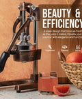 Heavy Duty Cast Iron Citrus Juicer Press Squeezes Every Last Drop Of Fresh Juice With Detachable Strainers on countertop with oranges.