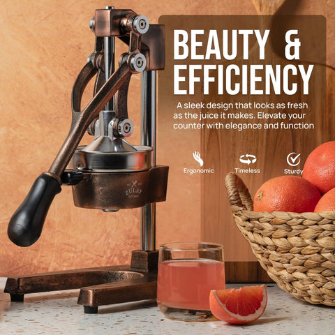 Heavy Duty Cast Iron Citrus Juicer Press Squeezes Every Last Drop Of Fresh Juice With Detachable Strainers on countertop with oranges.
