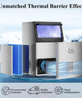 High Capacity Ice Maker Machine For Restaurant And Home That Delivers 110 Lbs Per Day, No Fuss 50 Ice Cubes Per Batch In About 14 Minutes, Stainless Steel, 33 Lbs Ice Storage, Water Filter, Self Cleaning, Under Counter Or Freestanding in advanced design highlighting thermal barrier effect and components.