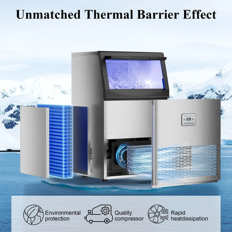 High Capacity Ice Maker Machine For Restaurant And Home That Delivers 110 Lbs Per Day, No Fuss 50 Ice Cubes Per Batch In About 14 Minutes, Stainless Steel, 33 Lbs Ice Storage, Water Filter, Self Cleaning, Under Counter Or Freestanding in advanced design highlighting thermal barrier effect and components.