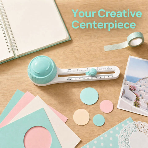 Adjustable Circle Cutter For Crafts And Scrapbooking on a desk with colored paper circles and a notebook.