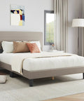 Queen Bed Frame With Upholstered Linen Striped Headboard And Adjustable Height Wood Slat Support Hella Sturdy Design in beige bedroom
