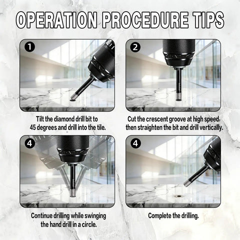 Illustration of operation procedure tips for Ten Pack Dry Diamond Drill Bits With 6mm Diameter Quarter Inch Shank Vacuum Brazed Hole Saws.