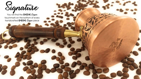 IST Series Thick Solid Copper Engraved Cezve with wooden handle and coffee beans, 9.6 fl oz capacity for stovetop Turkish coffee.