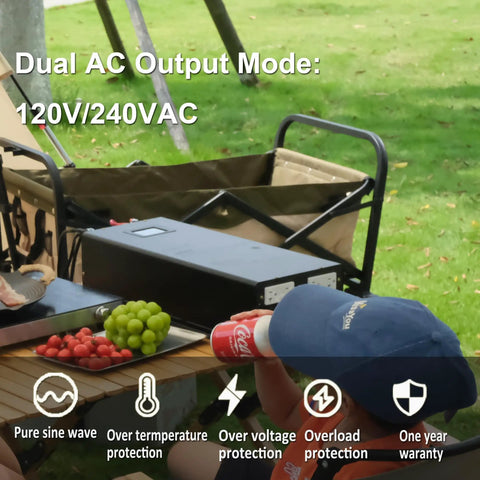 3000W Split Phase True Sine Wave Inverter, 48V DC To 120 And 240V AC Hardwire Terminal on a table with food.