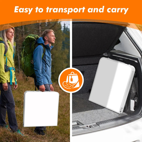 Go-To Aluminum Folding Camping Table with Adjustable Legs for Travel and Outdoors, folded for easy transport in car trunk