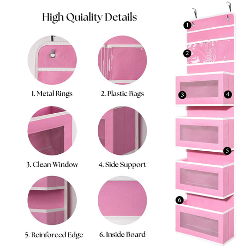 Sweet Pink Over The Door Organizer With Four Roomy Clear Pockets For Hanging Storage In Nursery Bedroom Or Closet To Stash Baby Essentials Toys And Cosmetics No Fuss Setup Gonna Love This Super Neat Look, showcasing metal rings and clear pockets.