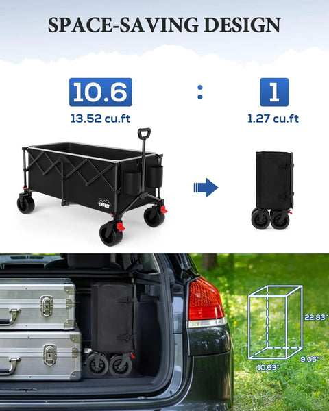 47 Inch Collapsible Wagon Cart With Mega 300 Liter Capacity folded compactly in car trunk for easy storage.