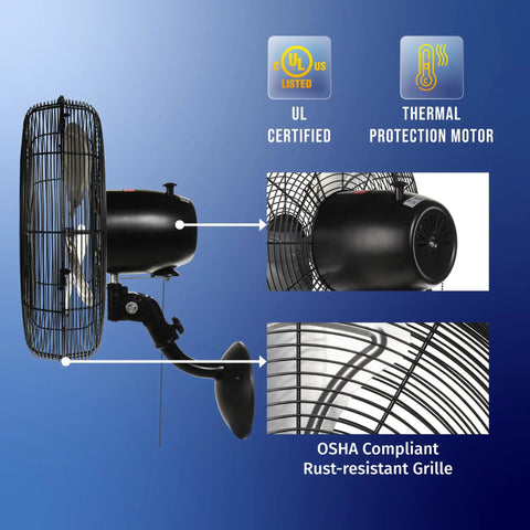 Side view of 16 Inch Pro Series Oscillating Wall Mount Fan For Industrial And Commercial Use High Velocity Heavy Duty Metal Wall Fan With Rust Resistant Aluminum And Steel UL Listed Space Saving Indoor Or Covered Patio And Greenhouse Cooling