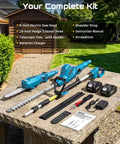 All-In-One Cordless Pole Saw And Hedge Trimmer Kit with 8-Inch Chainsaw, 16-Inch Hedge Blade, Dual 4Ah Batteries on table