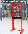 Front view of 20 Ton Hydraulic Shop Press With H Frame Adjustable Floor Stand Red Beefed Up Steel Frame in garage setting