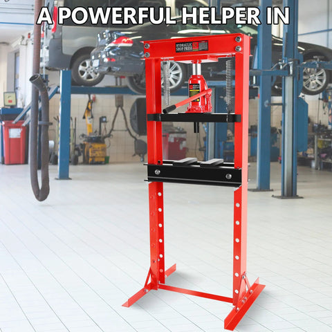 Front view of 20 Ton Hydraulic Shop Press With H Frame Adjustable Floor Stand Red Beefed Up Steel Frame in garage setting
