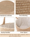 Close-up of Dope Natural Rope Woven Storage Basket With Wooden Bead Handles Macrame Organizer showing texture and interior.