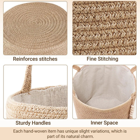 Close-up of Dope Natural Rope Woven Storage Basket With Wooden Bead Handles Macrame Organizer showing texture and interior.