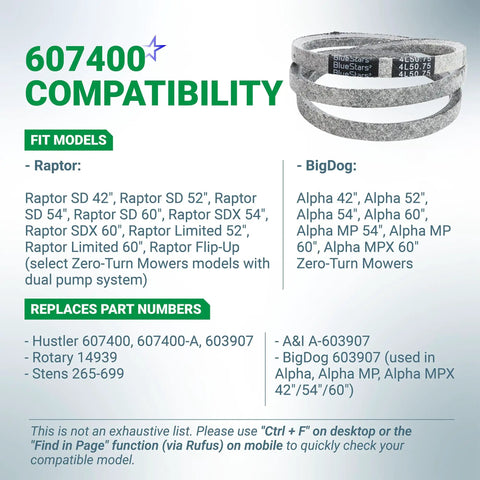 Aramid Cord Heavy-Duty Drive Belt compatibility chart for Hustler Raptor SD Zero-Turn Mowers, 607400 and 603907 replacement