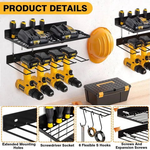 Heavy Duty Wall Mount Tool Organizer Four Pack Set With Dual Racks And Eight Drill Slots Floating Garage Shelves for tools strong metal construction installs on sixteen inch centered studs ideal gift for men and dads