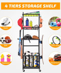 Alloy Steel 4 Tier Rolling Sports Equipment Storage Rack With Wire Mesh Shelves Ball Storage Organizer Removable Hooks