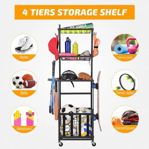 Alloy Steel 4 Tier Rolling Sports Equipment Storage Rack With Wire Mesh Shelves Ball Storage Organizer Removable Hooks