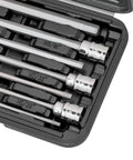 Extra Long 7 Piece SAE Hex Allen Socket Set For Deep Reach In Engine Bays And Recessed Fasteners One Eighth To Three Eighths Inch Drive S2 Steel Bits With Cr V Sockets Six Point One Inch Overall Length Durable Case in open case