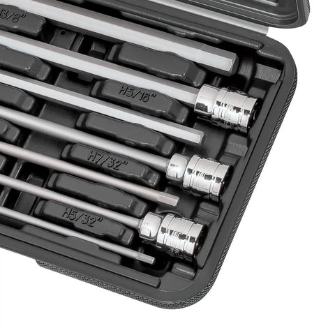 Extra Long 7 Piece SAE Hex Allen Socket Set For Deep Reach In Engine Bays And Recessed Fasteners One Eighth To Three Eighths Inch Drive S2 Steel Bits With Cr V Sockets Six Point One Inch Overall Length Durable Case in open case