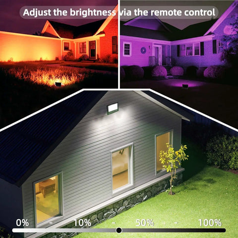 Outdoor 50W RGBW LED Flood Light With Remote Control illuminating houses with adjustable brightness and color modes