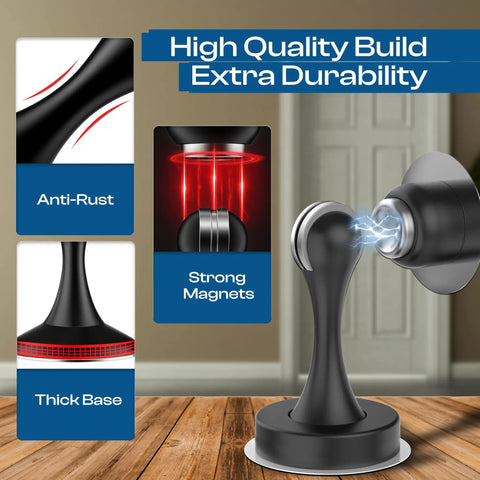 Grip Tight Magnetic Door Stops No Hassle Drilling With Dependable 3M Adhesive Tape To Keep Entryways Open steady block hard slams and shield freshly painted walls easy straightforward install showing strong magnets anti-rust zinc alloy build.
