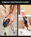 Go To Ultra Portable 1D Mini Bluetooth Barcode Scanner With 3 In 1 USB Wired Bluetooth And 2 4G Wireless Connectivity for Tablets Or Computers Windows Android And iOS Lightweight 35g Handy On The Go Ideal For Retail Stores Warehouses And Ecommerce shown in hand and pocket view