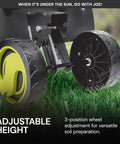 Side view of 3-position wheel depth adjustment on Corded Electric Garden Tiller And Cultivator With Steel Tines, 16 Inch Width, 12 Amp Motor.