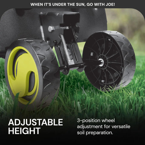 Side view of 3-position wheel depth adjustment on Corded Electric Garden Tiller And Cultivator With Steel Tines, 16 Inch Width, 12 Amp Motor.