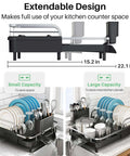 Expandable Dish Drying Rack For Kitchen Counter With Drainboard And Utensil Holder, space-saving stainless steel drainer shown extended.