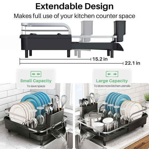 Expandable Dish Drying Rack For Kitchen Counter With Drainboard And Utensil Holder, space-saving stainless steel drainer shown extended.