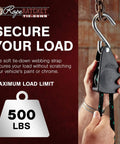 Heavy Duty Rope Ratchet 1/2 Inch With Locking Pulley Adjustable Hanger showing 500 lb capacity and secure load feature.