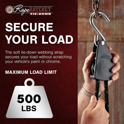 Heavy Duty Rope Ratchet 1/2 Inch With Locking Pulley Adjustable Hanger showing 500 lb capacity and secure load feature.