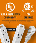 White Flat Angled Extension Cord With Three Outlets For Indoor Use Ten Plus Feet Long 3 Prong Power Cable That Saves Space