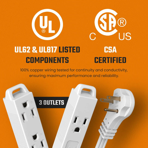 White Flat Angled Extension Cord With Three Outlets For Indoor Use Ten Plus Feet Long 3 Prong Power Cable That Saves Space
