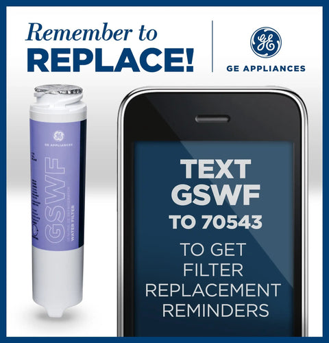 Refrigerator Water Filter GSWF Compatible, Easy Twist Lock Replacement next to phone reminder for replacement alerts