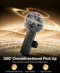 Wireless Mini Lavalier Lapel Microphone for iPhone and Android, 360° omnidirectional, with fluffy windscreen, shown in sandy terrain.