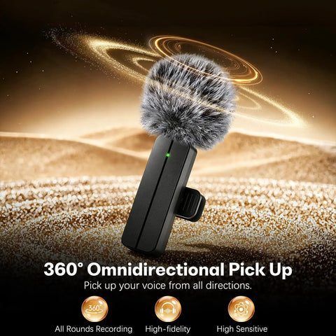 Wireless Mini Lavalier Lapel Microphone for iPhone and Android, 360° omnidirectional, with fluffy windscreen, shown in sandy terrain.