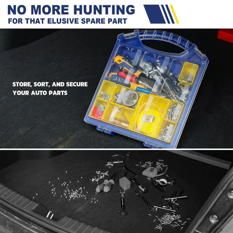 Portable Tool Storage Case With 24 Removable Bins And Small Parts Organizer in car trunk displaying hardware and RC car tools.