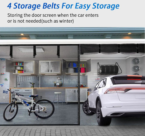 Magnetic Garage Screen For 1 Car 8x7 Ft With Retractable Fiberglass Mesh installed on garage with car and bicycle inside.