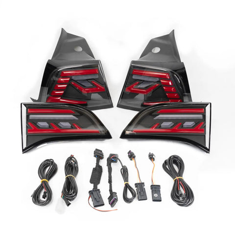 Knight Rider Led Tail Light Upgrade Kit For Model 3 And Model Y Plug And Play Rear Lamps In Flame Design, includes two LED tail lights and wiring.